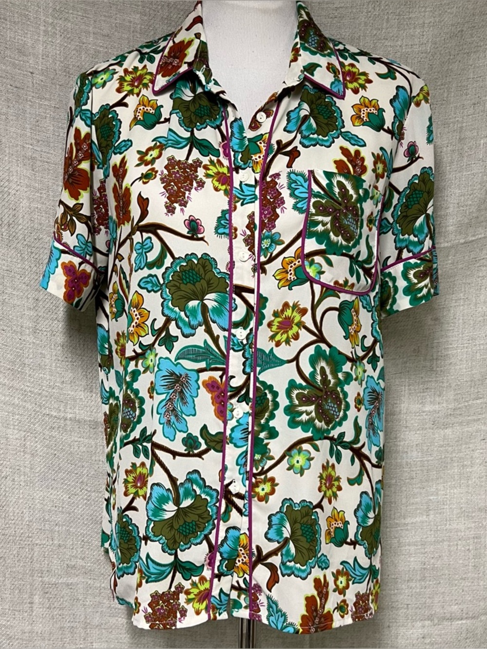 Floral Short-Sleeve Button-Up Shirt - White/Teal